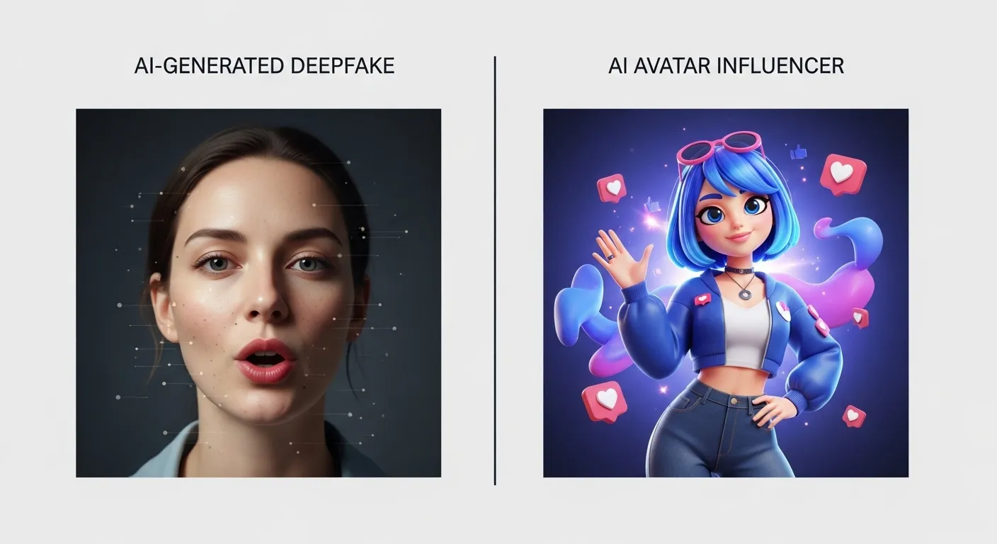 Comparison of AI-generated deepfake and fictional AI avatar influencer. 