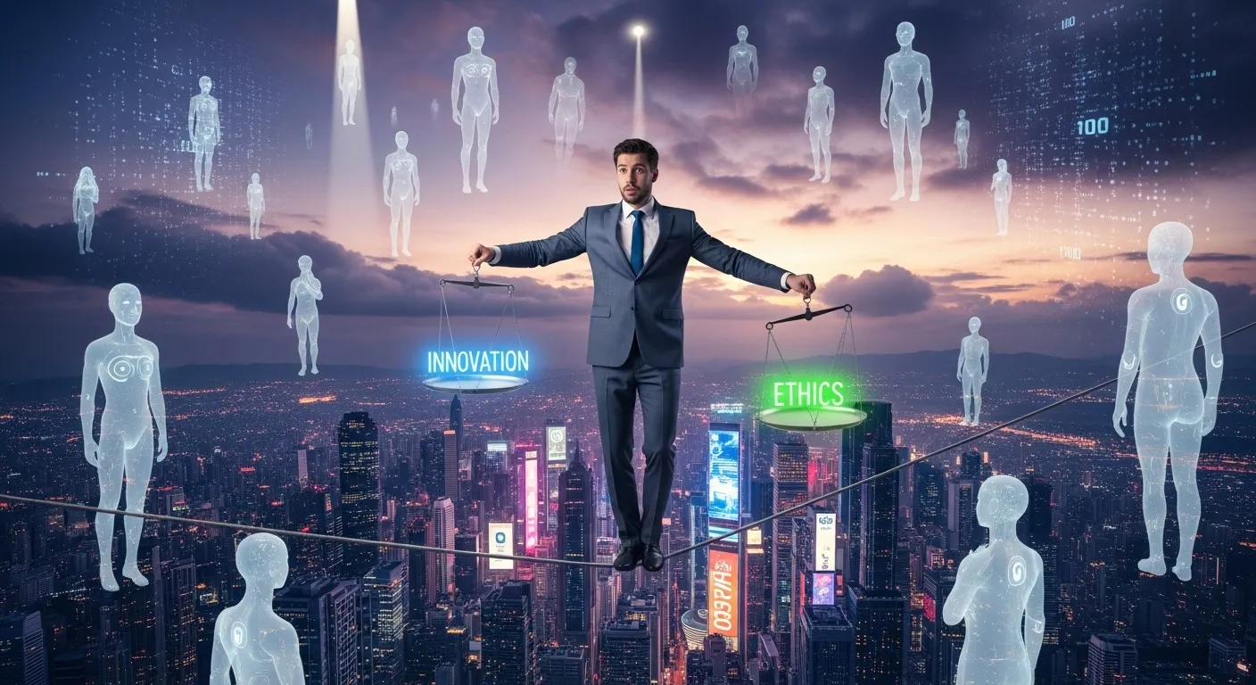 Marketer balancing innovation and ethics in AI marketing world.