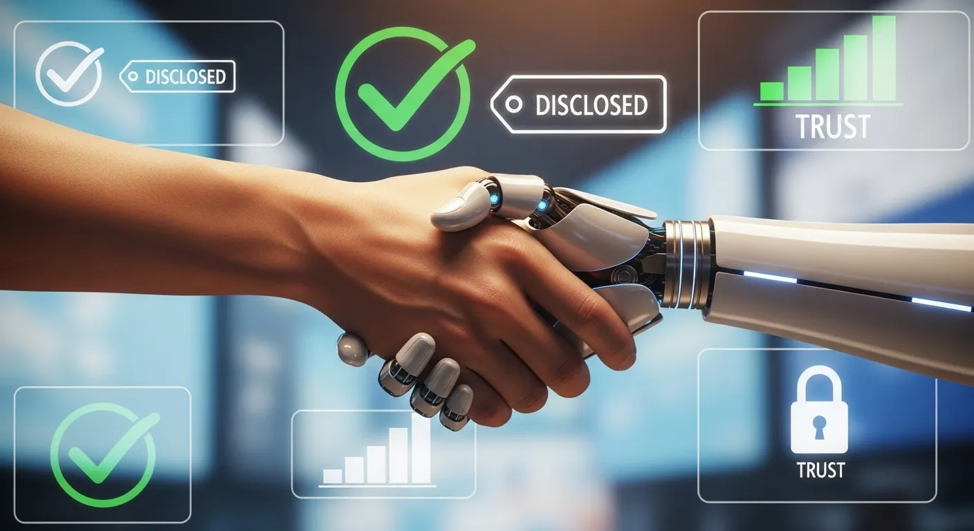 Human and AI handshake symbolizing transparency and consumer trust in marketing.