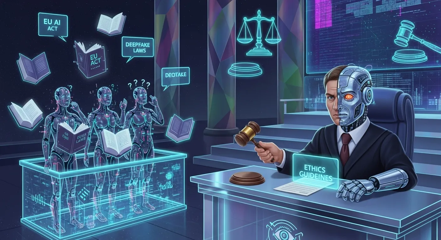 Courtroom scene with AI avatars representing legal grey zones in synthetic media.