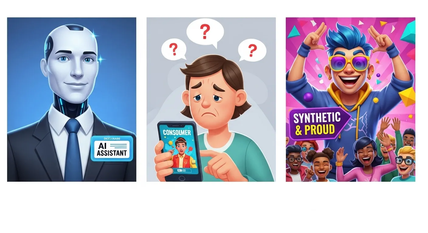 Cartoon showing ethical AI marketing, deceptive deepfakes, and transparent AI influencers.