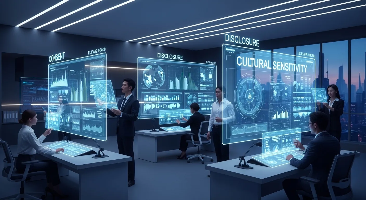 Marketers overseeing ethical AI content creation in a futuristic digital command center.
